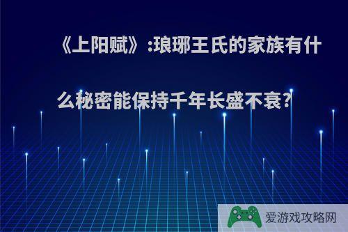 《上阳赋》:琅琊王氏的家族有什么秘密能保持千年长盛不衰?